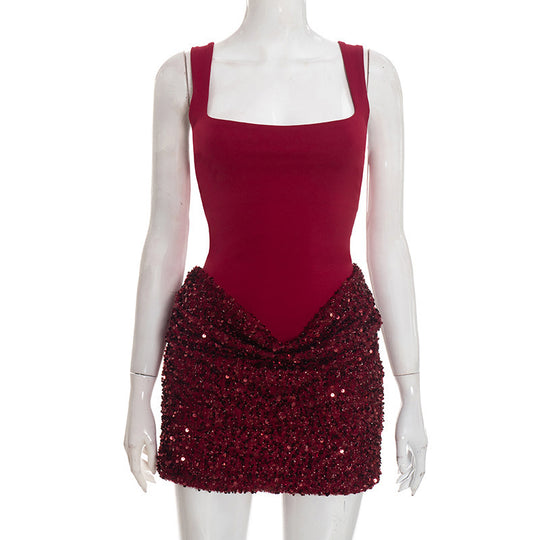 Damen elegantes Paillettenkleid mit tiefem V-Ausschnitt und figurschmeichelndem Design EB