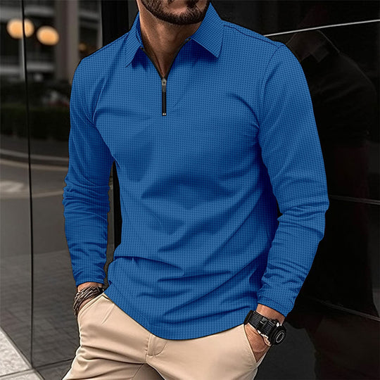 Herren nan langärmeliges Halbzip-Hemd mit Hemdkragen, feiner Struktur und elastischem Baumwoll-Mix EB