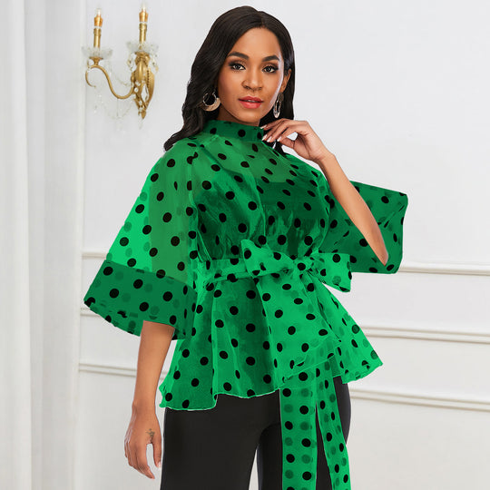Damen Chiffonbluse mit gepunktetem Design und elegantem Taillengürtel EB