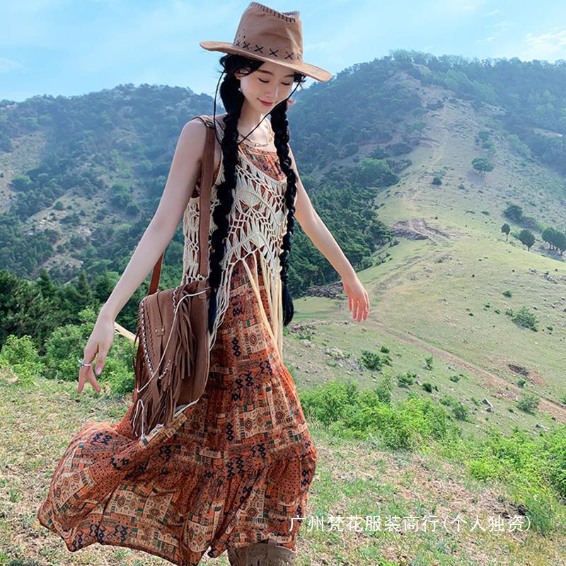 Damen Boho Chic Maxi-Kleid mit Fransen und gehäkeltem Oberteil EB
