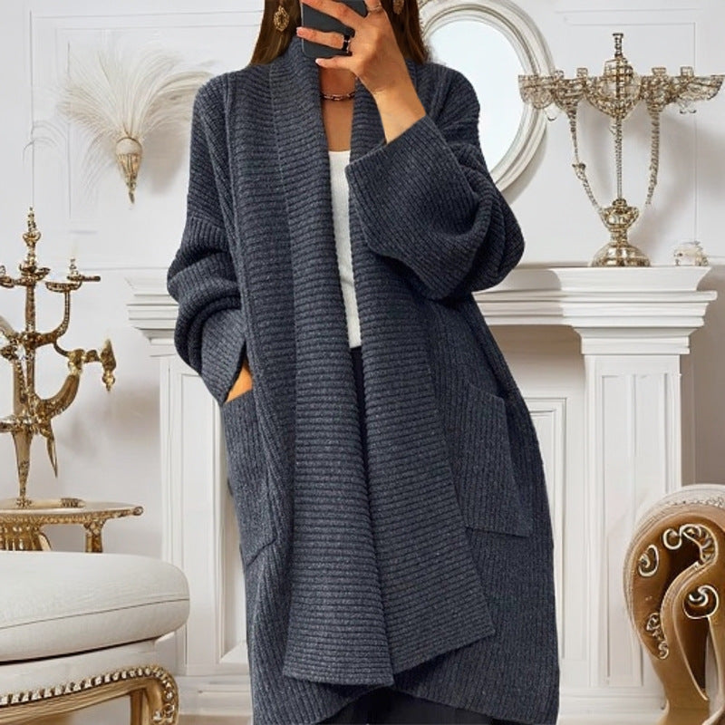 Damen nan weit geschnittener Strickmantel mit Rippenstruktur und aufgesetzten Taschen EB