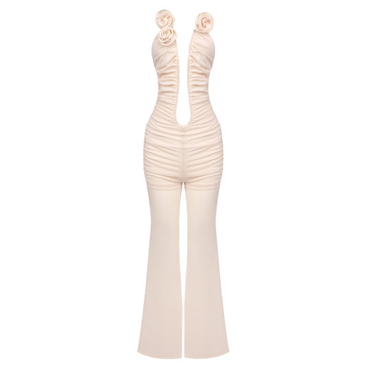 Damen Jumpsuit mit tiefem Ausschnitt und floralen Akzenten EB