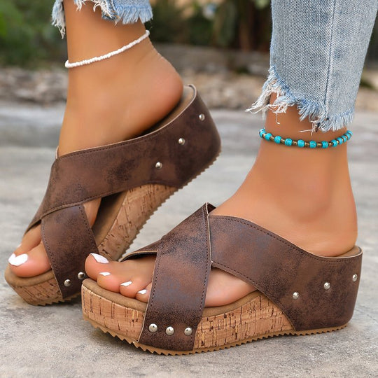 Damen Wedge-Pantoletten mit geflochtenem Riemendesign und komfortablem Fußbett EB