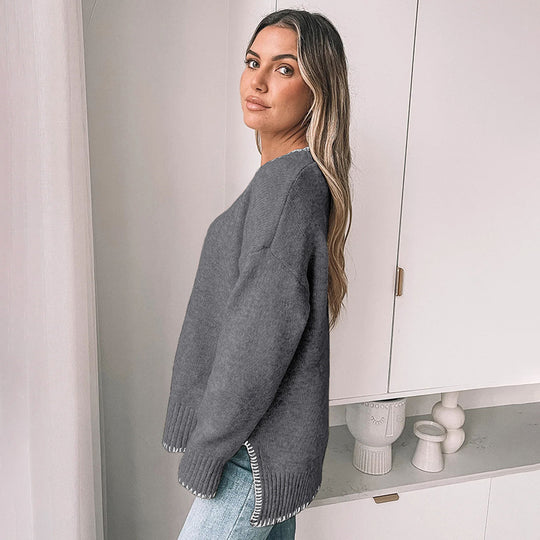 Damen Strickpullover mit dekorativem Saum und weiten Ärmeln EB