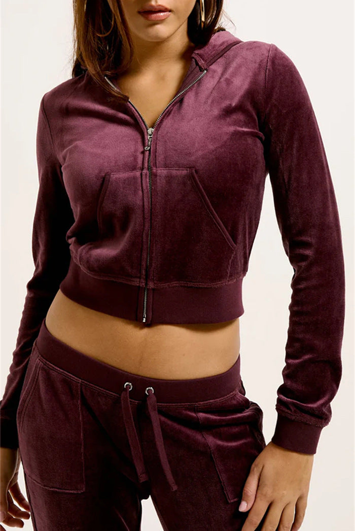 Damen Samtvelours Cropped-Zipjacke mit Kängurutasche und hochgeschnittener Bündchenhose Eichborn Berlin