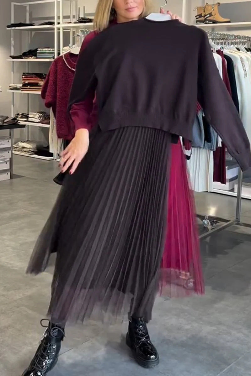 Damen Elegantes Faltenrock- und Pullover Set EB