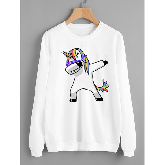 Damen Kapuzenpullover mit Einhorn-Dab-Print, Kängurutasche und weichem Baumwollmix EB