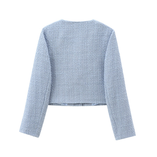 Damen elegante Kurzjacke im strukturierten Tweed-Stil mit praktischen Taschen EB