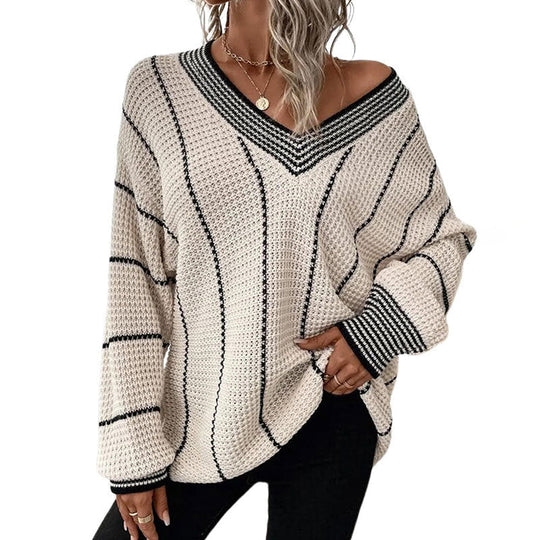 EB | Pullover - Damen Winter Gestreifter V-Ausschnitt Strickpullover