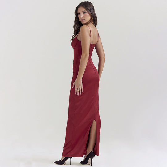 Damen Elegantes Satin Maxikleid mit Spaghettiträgern und figurbetontem Schnitt EB