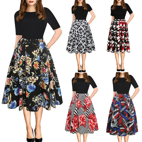 Damen Midikleid mit floralem Muster und gestreiften Akzenten EB