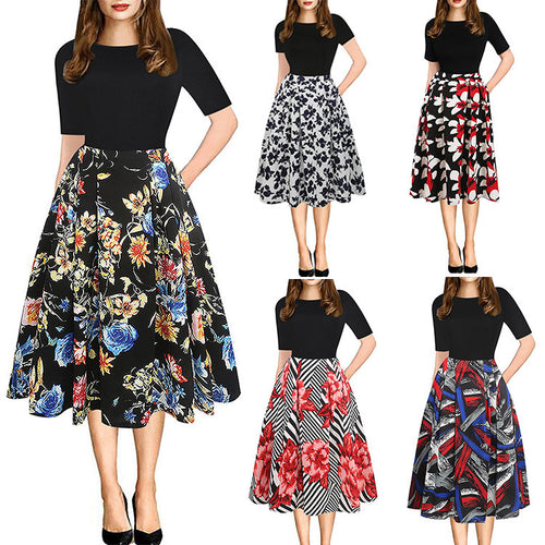 Damen Midikleid mit floralem Muster und gestreiften Akzenten EB
