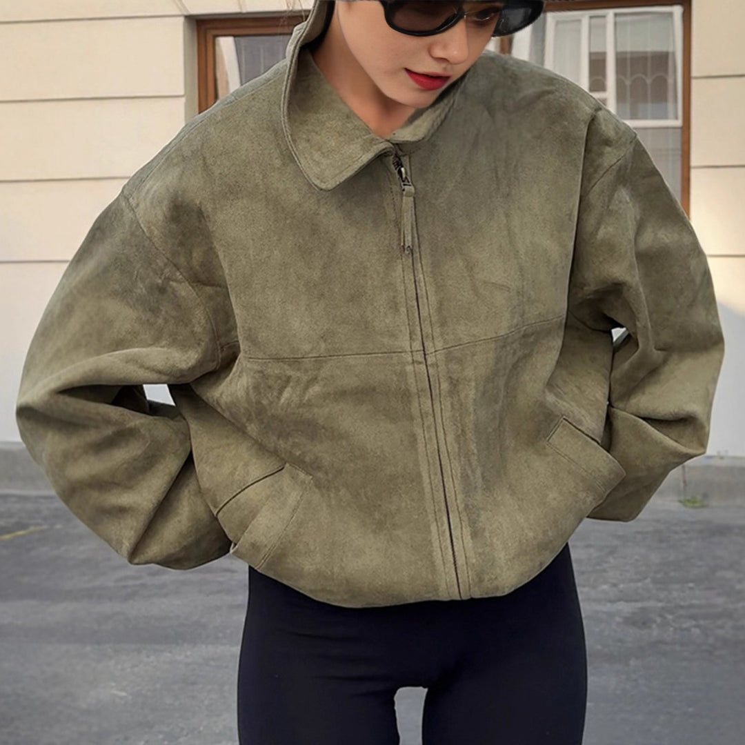 Damen Oversized Suede Jacke mit hohem Kragen und praktischen Taschen EB