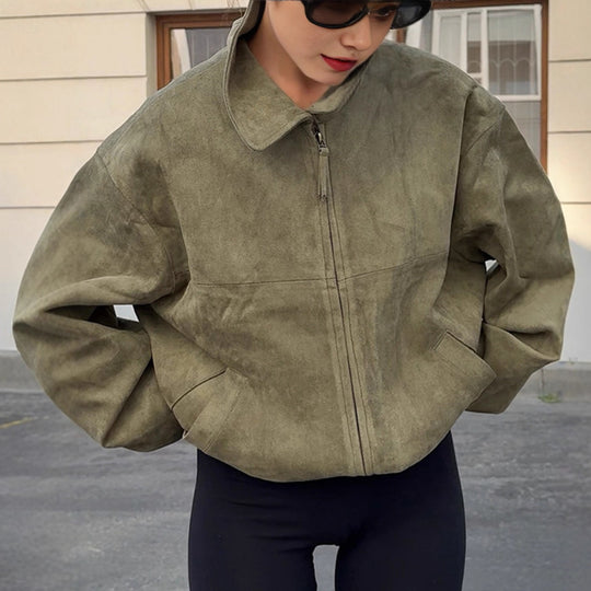 Damen Oversized Suede Jacke mit hohem Kragen und praktischen Taschen EB