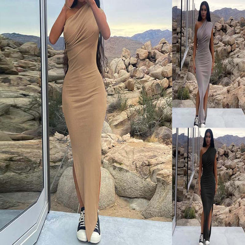 Damen asymmetrisches Schlitz-Maxikleid EB