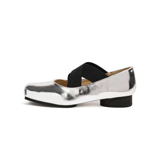 Damen elegante Ballerinas mit elastischen Riemen und glänzender Leder-Oberfläche EB