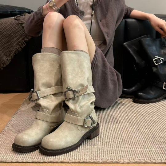 Damen modische Winterstiefel mit praktischen Schnallen und robustem Profil EB