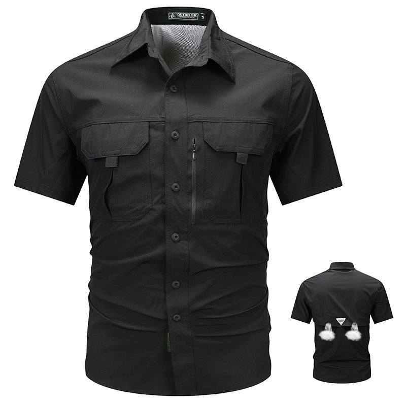 Men's  tactical short sleeve button shirt with dual flap chest pockets and discreet zip utility pocket EB