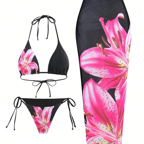 Damen Bikini-Set mit floralem Muster und passendem Wickelrock EB