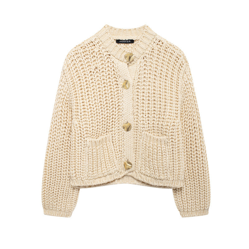 Damen kuschelige Strickjacke mit großen Knöpfen EB