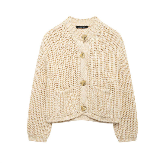 Damen kuschelige Strickjacke mit großen Knöpfen EB