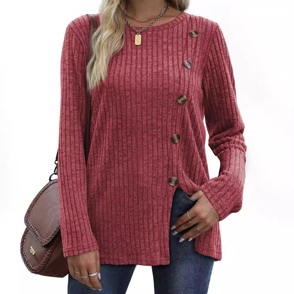 Damen Langärmliges Strickoberteil mit strukturierten Rippen und Knopfdetails EB