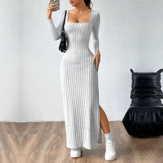 Damen figurbetontes geripptes Maxikleid mit quadratischem Ausschnitt und seitlichem Beinschlitz Eichborn Berlin