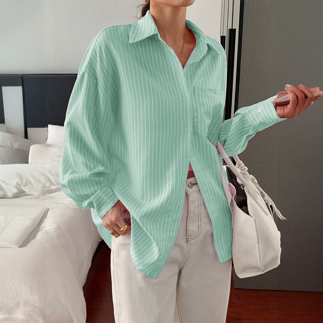 Damen nan locker geschnittene Longbluse mit Kentkragen, Brusttasche und feinem Nadelstreifen EB