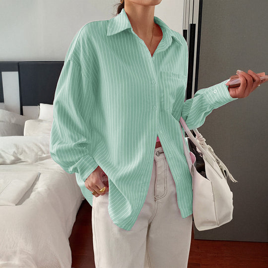 Damen nan locker geschnittene Longbluse mit Kentkragen, Brusttasche und feinem Nadelstreifen EB