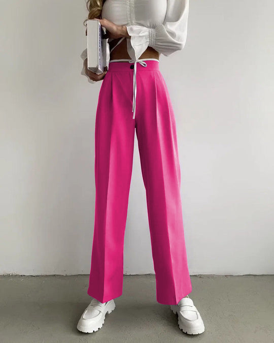 Damen weite klassische Hose mit hohem Bund und praktischen Bindegurten EB