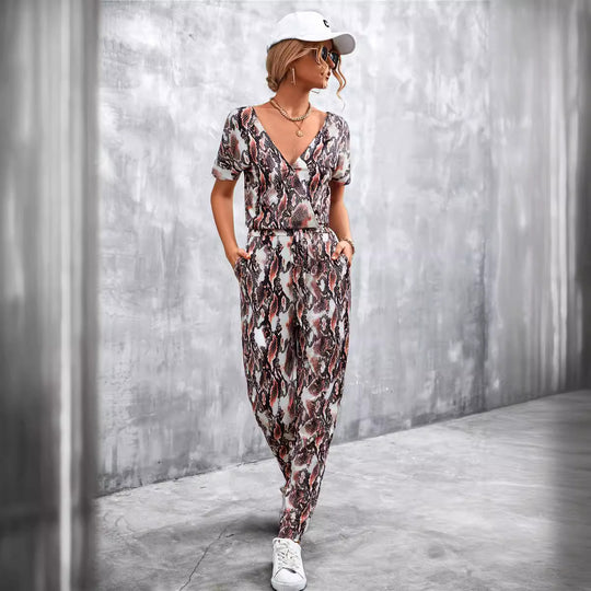 Damen elegante Jumpsuit im Snake-Print-Stil mit Taillengürtel und V-Ausschnitt EB