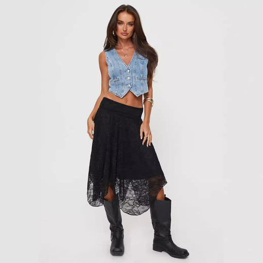 Damen moderne Spitzenmidi-Rock mit asymmetrischem Saum EB