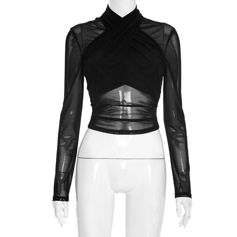 Damen Elegantes Wickeloberteil mit transparentem Stoff und langen Ärmeln EB