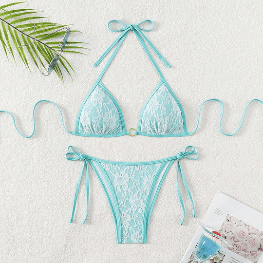 Damen Spitze Triangel-Bikini mit raffinierten Bindebändern EB