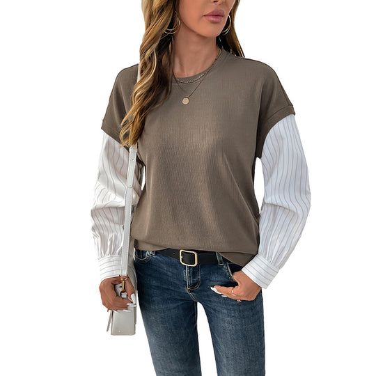Damen Casual-Longsleeve mit Rippoberteil & gestreiften Blusenärmeln EB