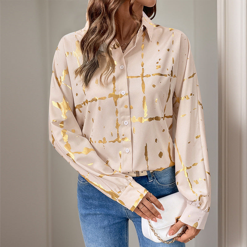 Damen Elegante Langarm-Bluse mit Gold-Folienprint, Hemdkragen und lockerem Schnitt EB