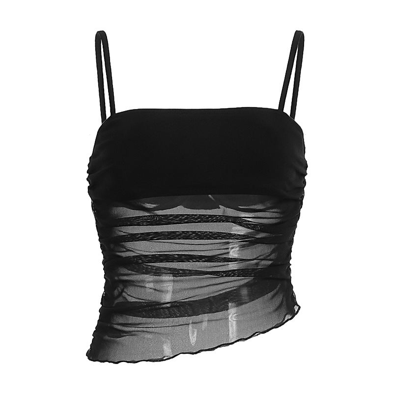 Damen leichtes Rüschenshirt mit Spaghettiträgern und transparenten Einsätzen EB