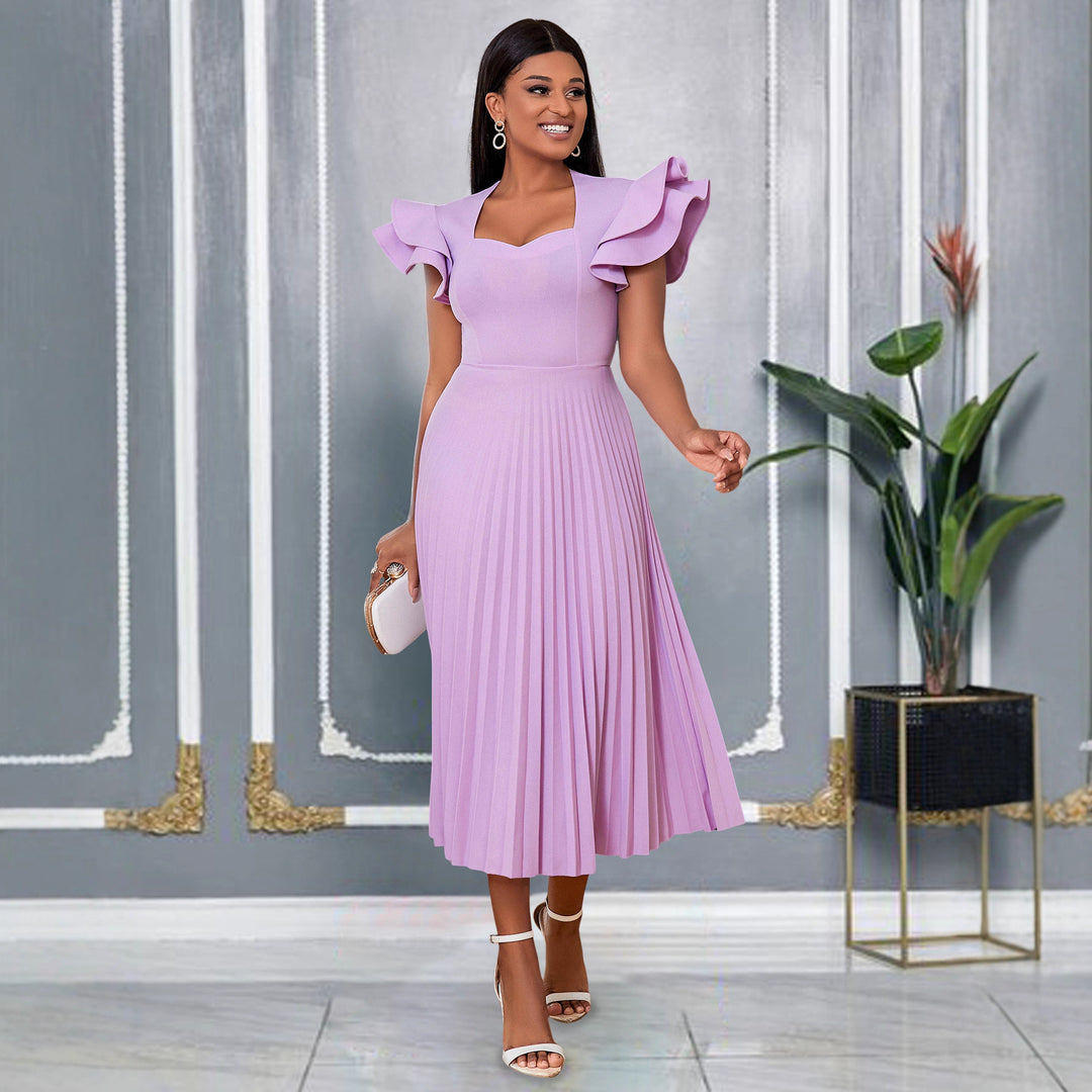 Damen plissiertes Maxikleid mit eleganten Rüschendetails EB