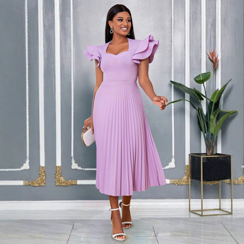 Damen plissiertes Maxikleid mit eleganten Rüschendetails EB