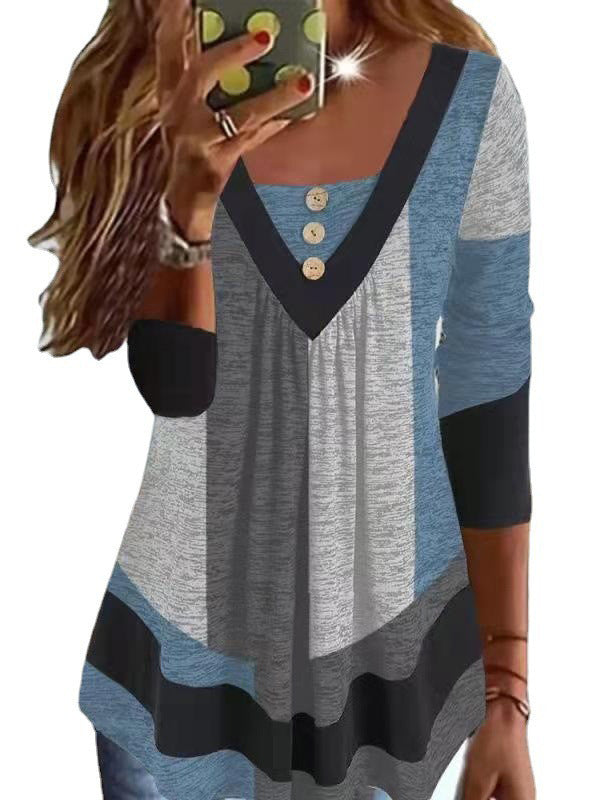 Damen Colorblock V-Ausschnitt Sweatshirt mit grafischem Print EB
