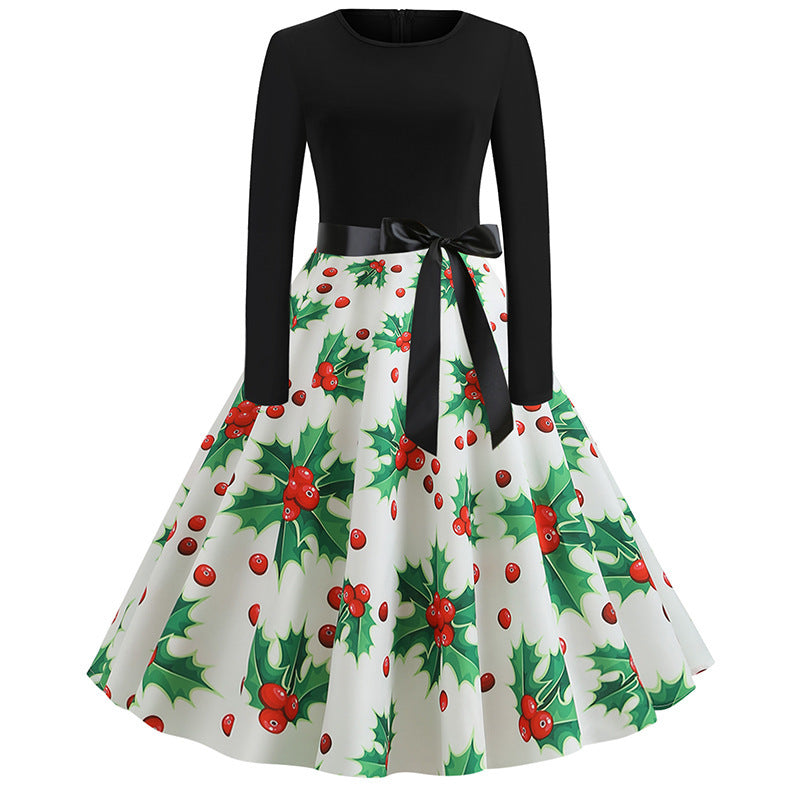 Damen Festliches A‑Linien Tellerrockkleid mit langem Arm, taillierter Passform und Stechpalmenprint EB