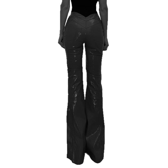 Damen nan hochglänzende Lackhose mit hoher Taille, figurbetonter Oberschenkelpassform und weitem Schlag EB