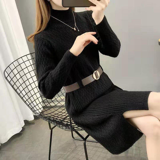 Damen Strickkleid mit hohen Kragen und Taillengürtel EB