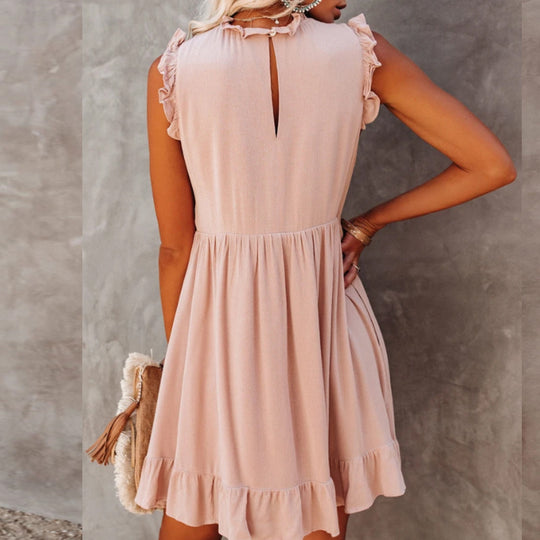 Damen lässiges Rüschendetails Kleid mit hohem Kragen EB