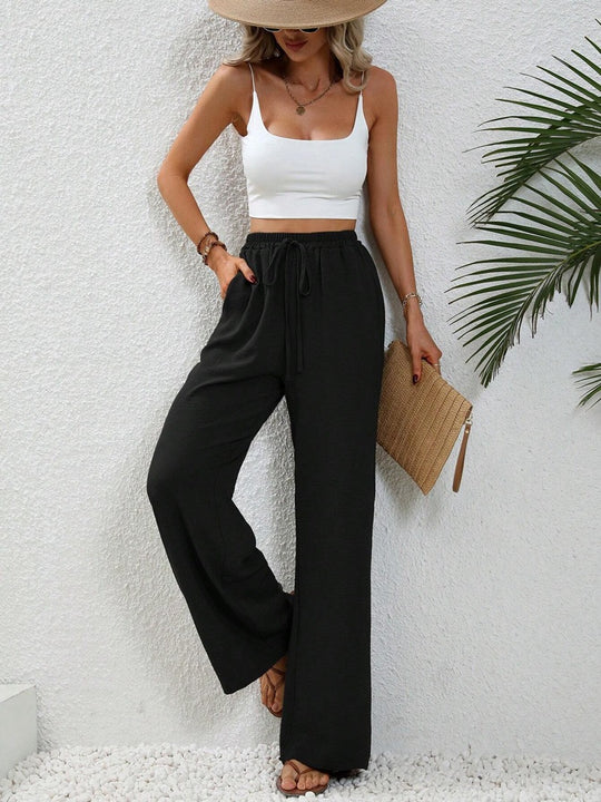Damen Bequeme leichte Palazzo-Hose mit elastischem Bund und praktischen Taschen EB