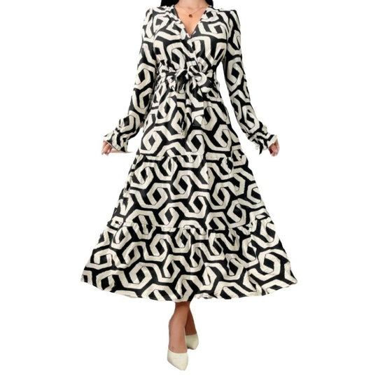Damen Maxi-Kleid mit modernem geometrischen Druck und taillierbarem Design EB