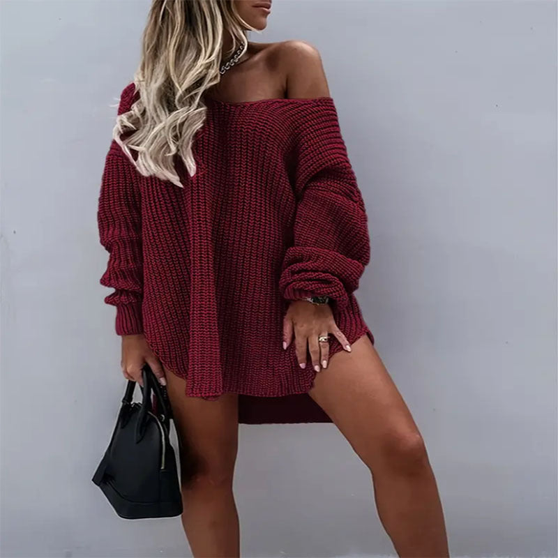 Damen lässiges Oversized-Strickkleid mit weitem Ausschnitt EB
