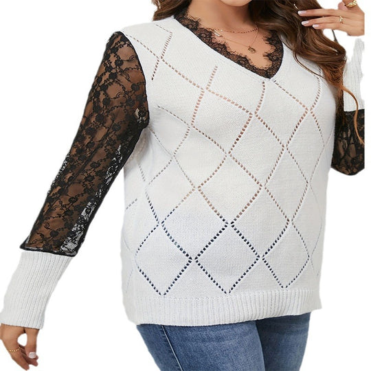 Damen V-Ausschnitt Pullover mit eleganten Spitzenärmeln EB