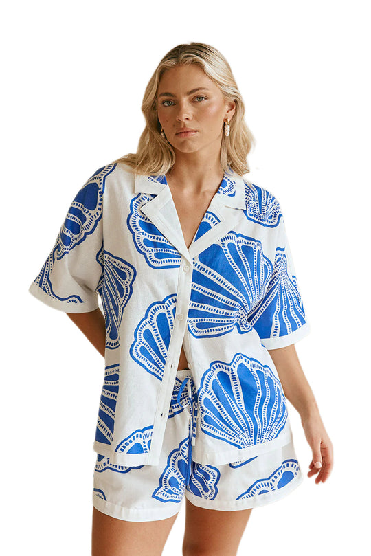 Damen Sommerliches Kurzarm-Set mit maritimem Muschel-Design und lockerer Passform EB