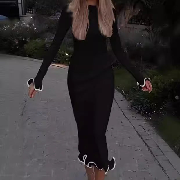 Damen Elegantes Langarm-Midikleid mit verspieltem Saum EB